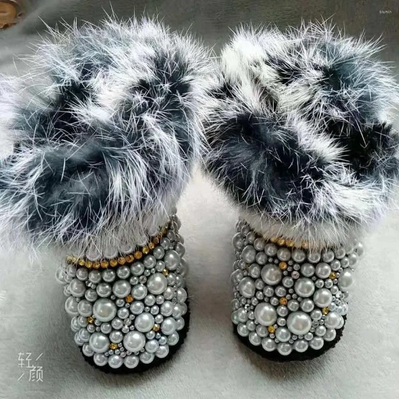 Boots Dollbling Crystal Diamond Baby Snow Boot Warm Furry Anti-Slip Bling Rhinestones Pearls Gift Keepsake Handmade Beading Shoes