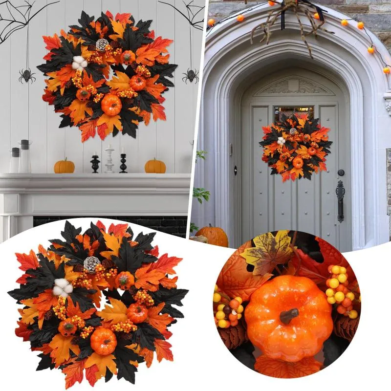 Dekorativa blommor 2023 Autumn Door Wreath Artificial Pumpkin Berries Pine Cone Maple Manmade Garland Tyg Rattan Material Heminredning