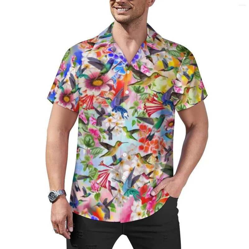 Mäns casual skjortor färgglada fåglar semester skjorta kolibrier och blommor sommar streetwear blusar korta ärmtryck toppar plus storlek