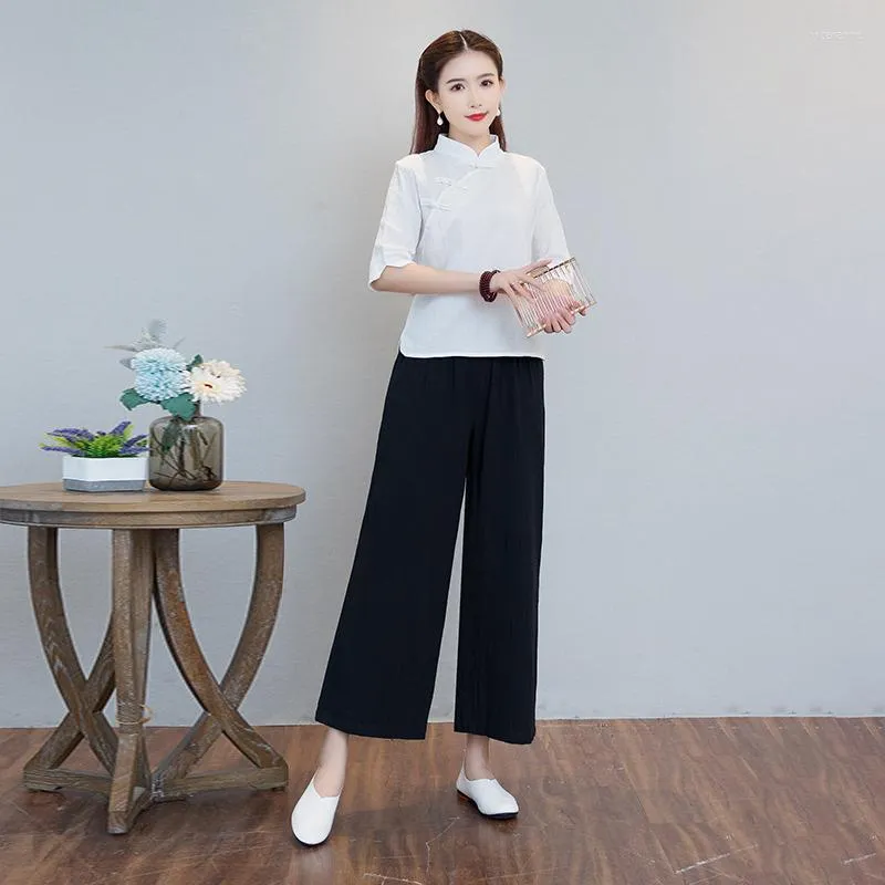 Etniska kläder 2023 Summer Chinese Style Retro Pan Buckle Cotton S Stand-up Collar Tang 2 Piece Set