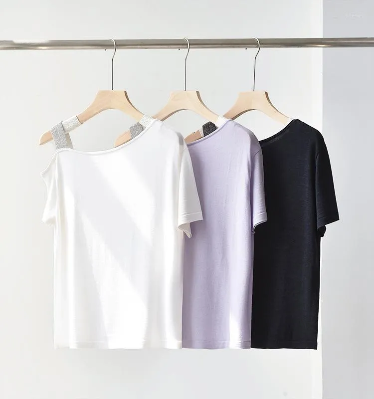 Women's T Shirts Women Off Shoulder Beading Chain Knit T-Shirt Wool Silk Blends Thin Short Sleeve 3 Colors Female Knitted Tshirt