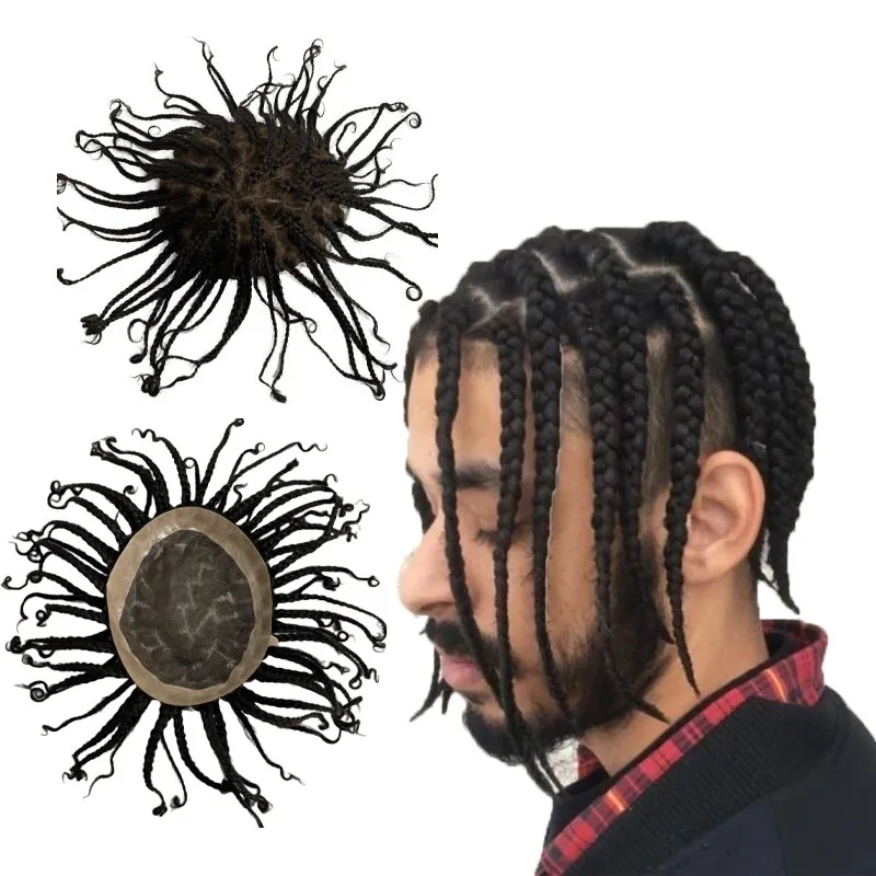 Sistemi di capelli umani vergini indiani # 1b Natural Black Box Trecce Toupee 8x10 Mono Lace Unit per Black Man