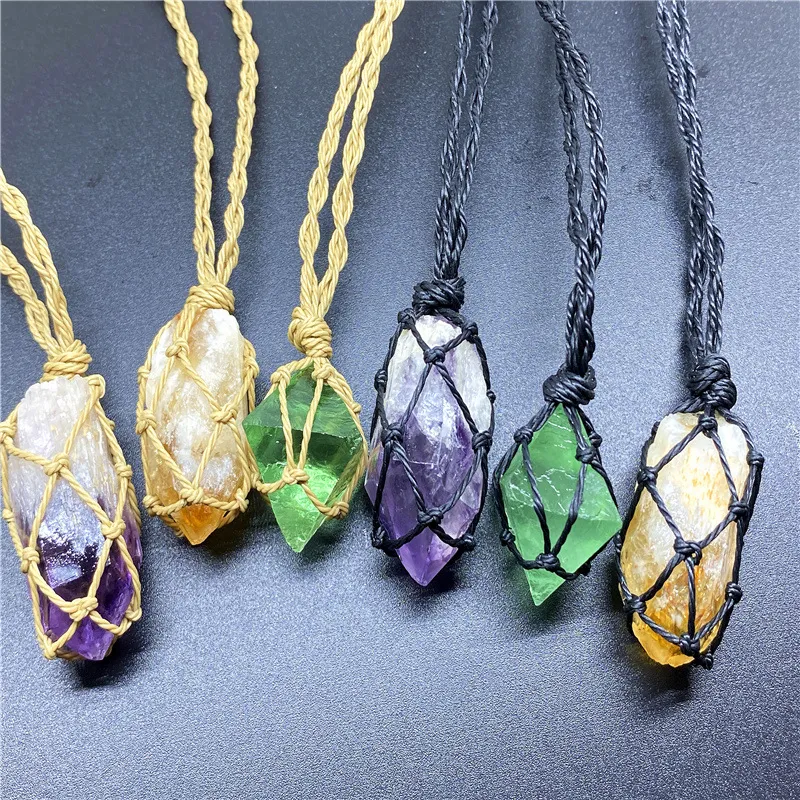 Naturel Améthyste Topaze Vert Fluorite Pierre Brute Pendentif Tissé Net Extensible Corde De Réglage Collier pour Femmes Hommes