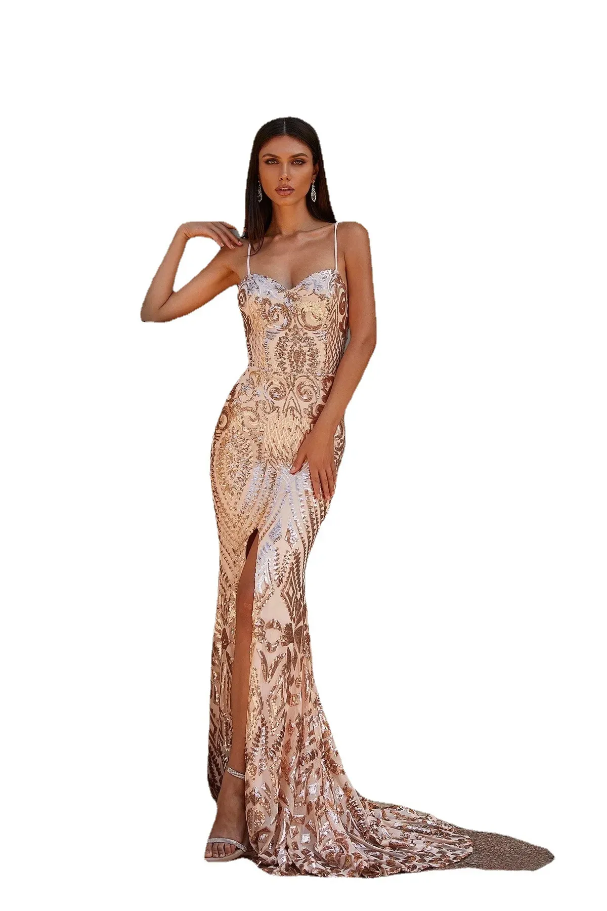 Gold Mermaid Prom Dresses sequined Sexy Pleats High Slit Evening Dress strap long formal Princess Party Gowns Customize