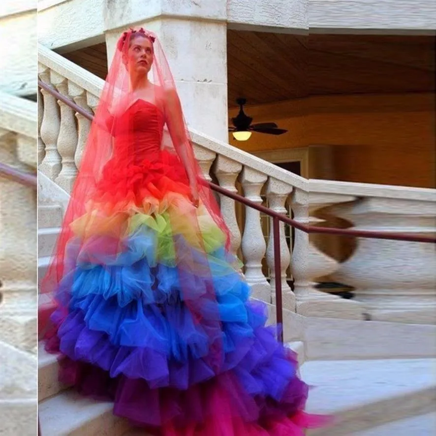 Colorful Rainbow Wedding Dresses Sweetheart Ruffles Tiered Skirt Ball Gown Sweep Train Gorgeous Bridal Gowns Custom Size2749