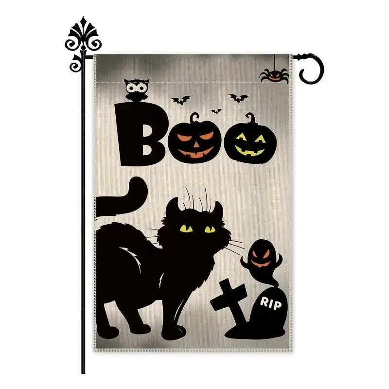 1pc, Boo Halloween Black Cat Linen Welcome Garden Flag(12x18 Inch) Autumn Yard Outdoor Farmhouse Decorations, Waterproof Double Sided Printing,