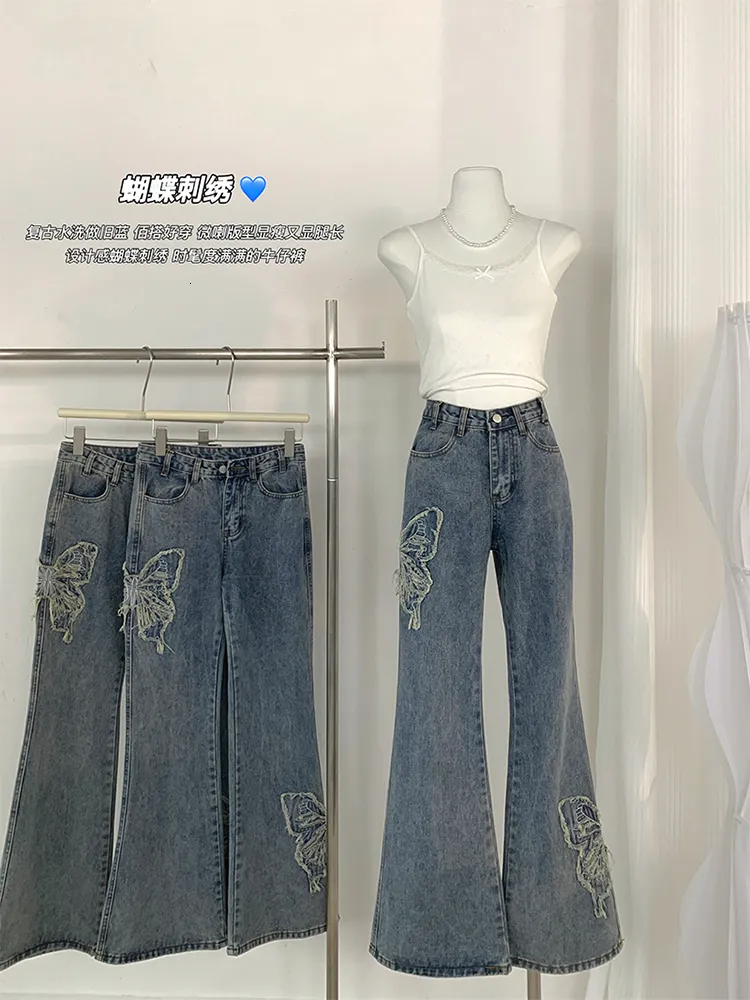 Kvinnors korta Harajuku broderier denim blossade byxor jeans klockbottnar långa byxor y2k streetwear 2000s estetiska japanska mode 230619