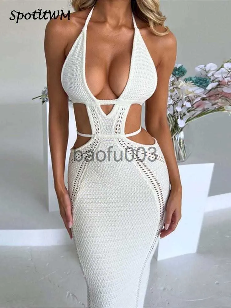 Casual Dresses Solid Halter Hollow Out Lace Up Women's Dress Sleeveless Backless Wrapped Hip Dresses Sexig Slim Fit Vacation Prom Party Dress J230619