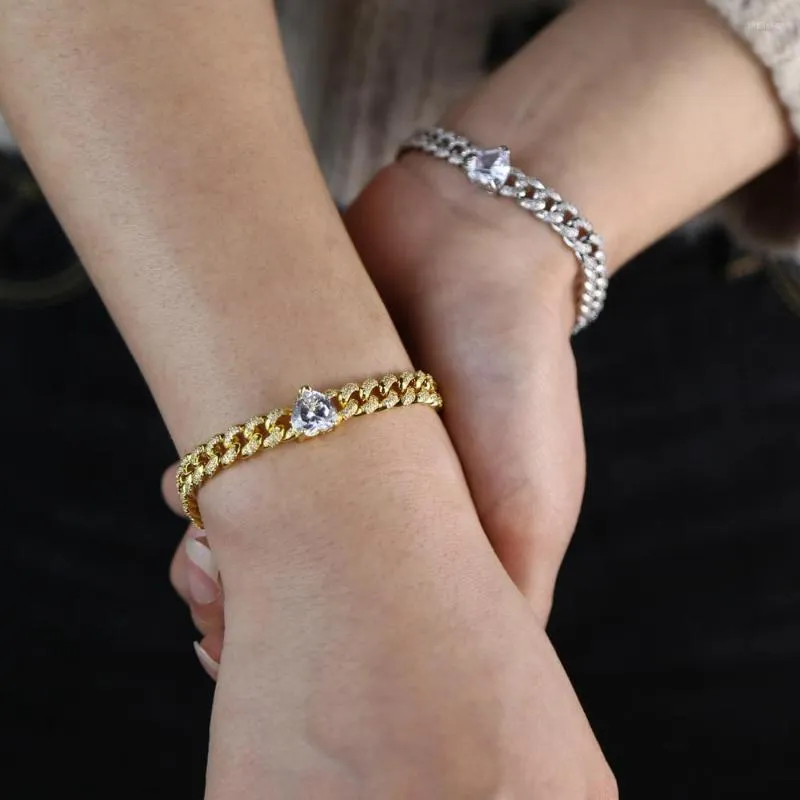 Charm Bracelets 2023 Out Hip Hop Cuban Gold And Silver Color Bracelet Paved Cz Luxury White Heart For Women Wedding Gift