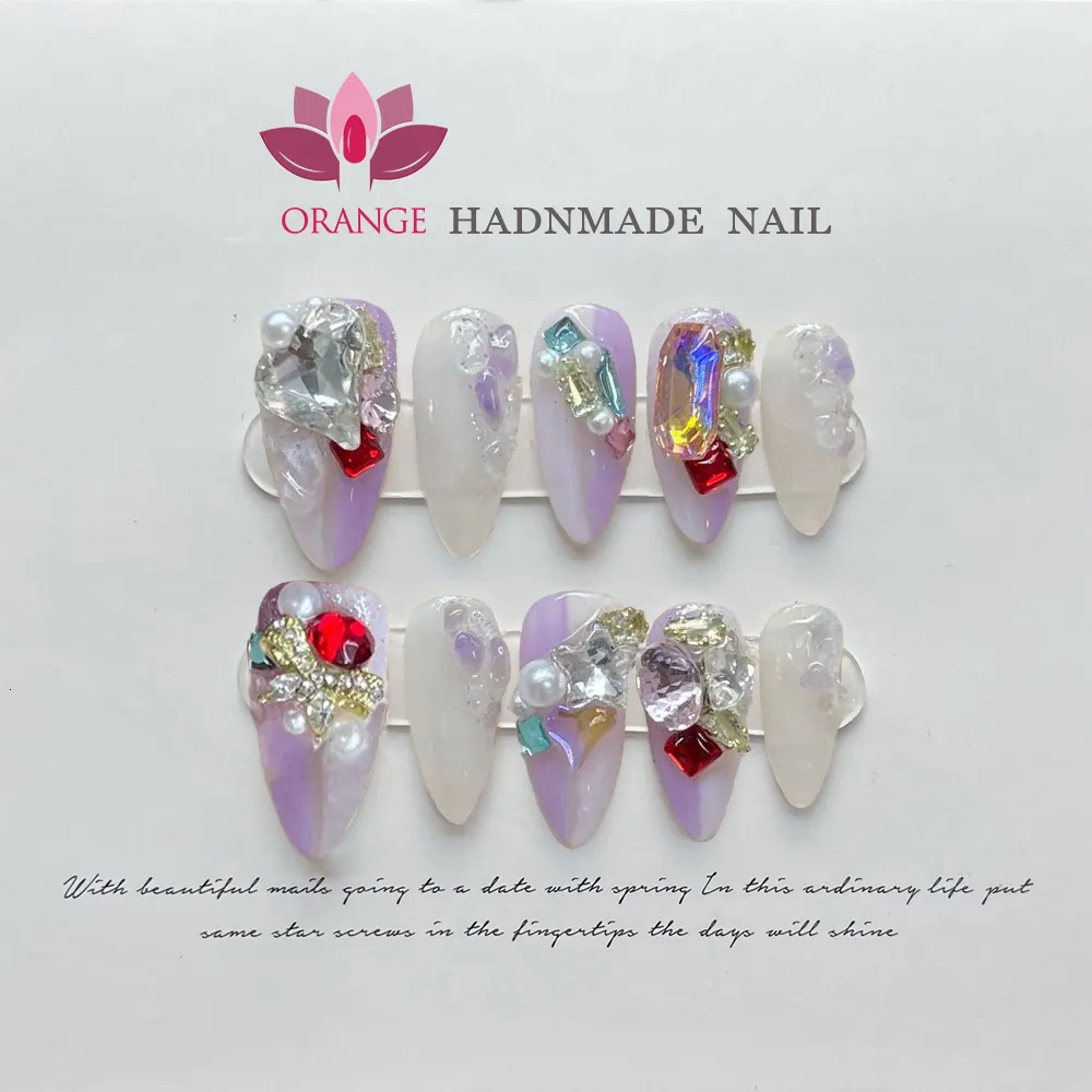 False Nails Handmade Almond Acrylic Press On Reusable Decoration Fake Nail Design Full Cover Artificial Manicuree Wearable Orange Nail Store 230619