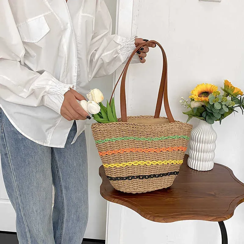 DHgate Striped Woven Beach Bag Colorful French Style One Shoulder Bag 2024 New Bags Luggage Accessories