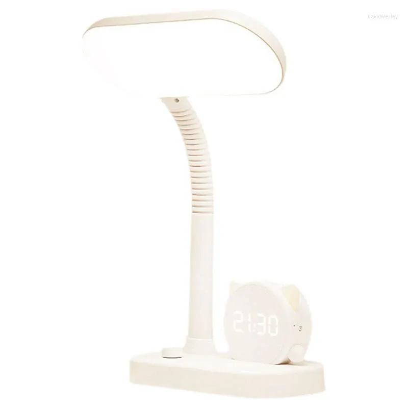 Table Lamps LED Reading Desk Lamp Rechargeable Tri-Color With Clock Pen Holder Night Lights