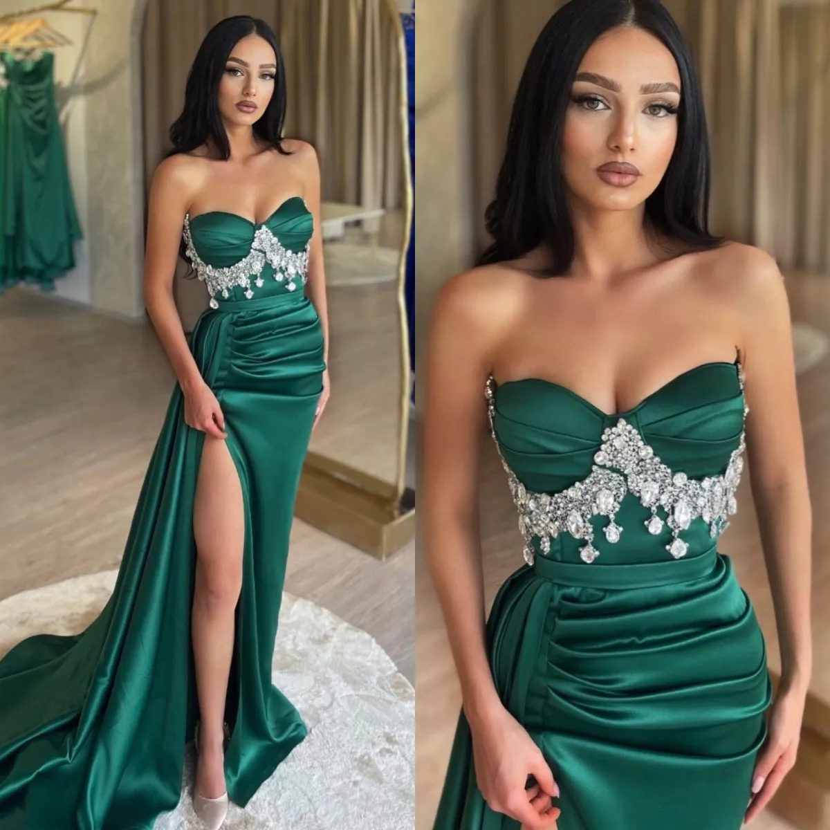 Élégant vert émeraude robes de bal diamant chérie fête robes de soirée fendu formel longue occasion spéciale robe