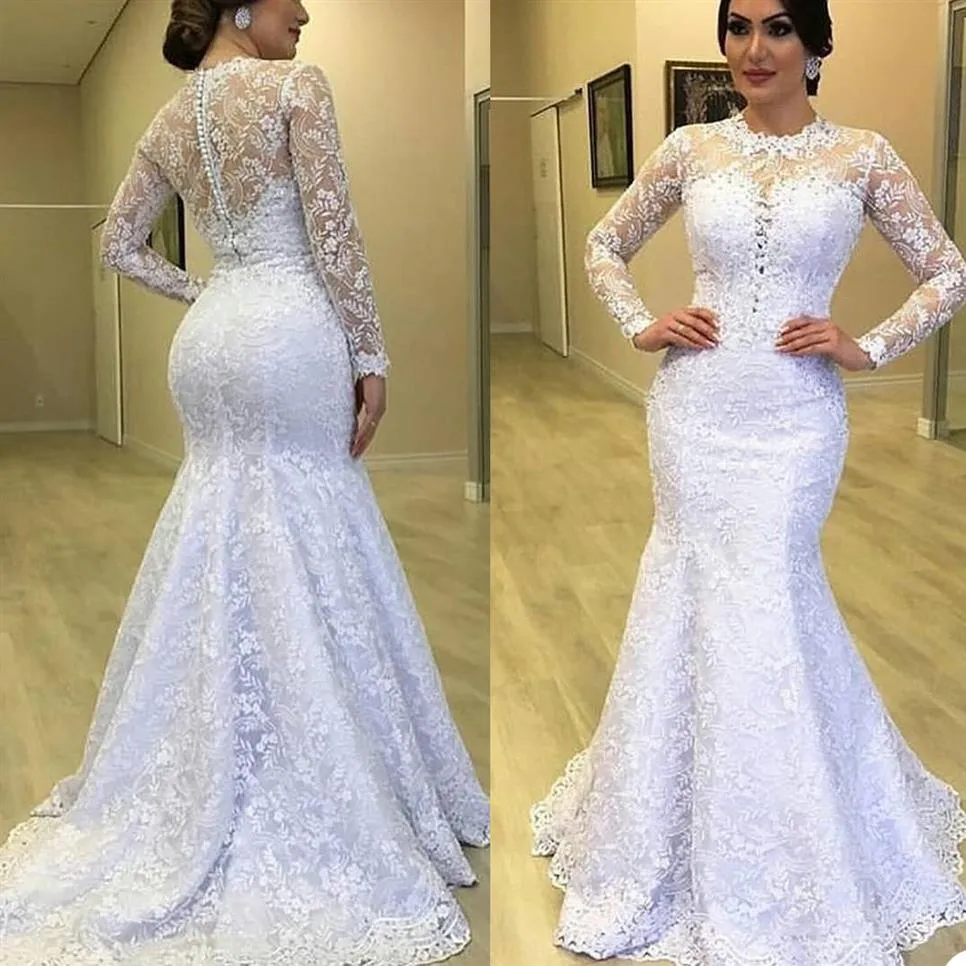 Robe de mariée sirène grande taille élégante bijou cou à manches longues robes de mariée robes de mariée dentelle Appliques robes de mariée306r