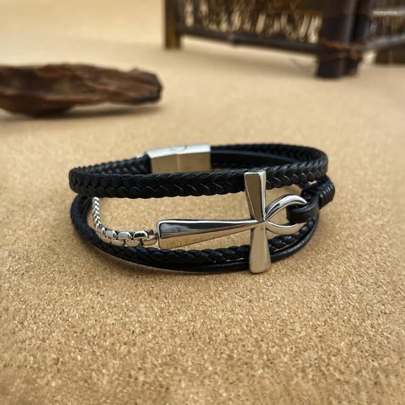 Pulseira de couro trançado multicamadas fashion vintage personalizada para homem e mulher cruz de aço inoxidável presente no atacado