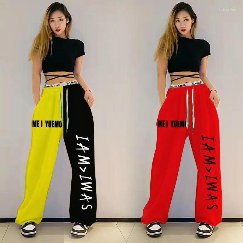 Pantaloni da donna stampati individualizzati Hip-hop Shuffle allentati leggings da danza jazz Y2k abiti moda donna streetwear coreano giallo rosso