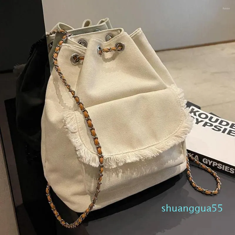 Designer Backpack Women Chain Small Drawstring Canvas Tassel One Shoulder Bag Solid Color Crossbody Bucket Bags Travel Rucksack