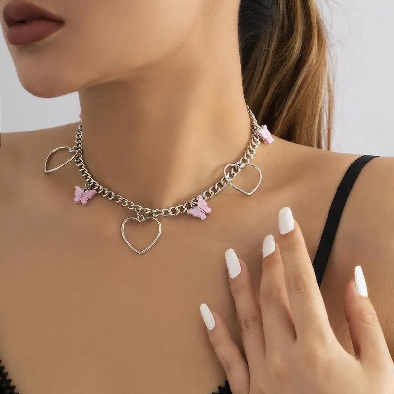 Chaînes Déclaration Grand Coeur Pendentif Collier Femmes Bohême Rose Papillon Ras Du Cou Bijoux Cadeau Mignon Pour Fille Croix Chaîne Collier Esthétique