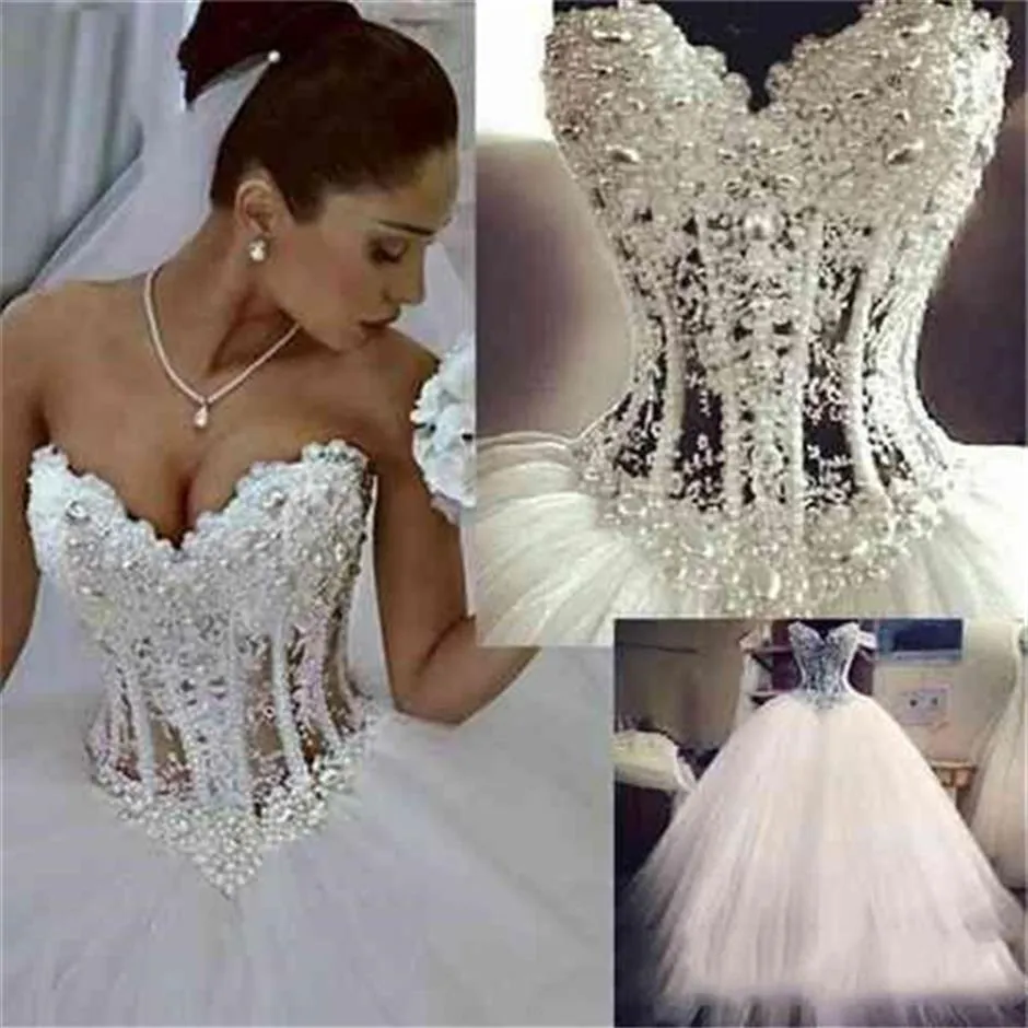 Vestidos de noiva linha A populares Querida até o chão Vestidos de noiva princesa com renda frisada com pérolas Custom Made216L