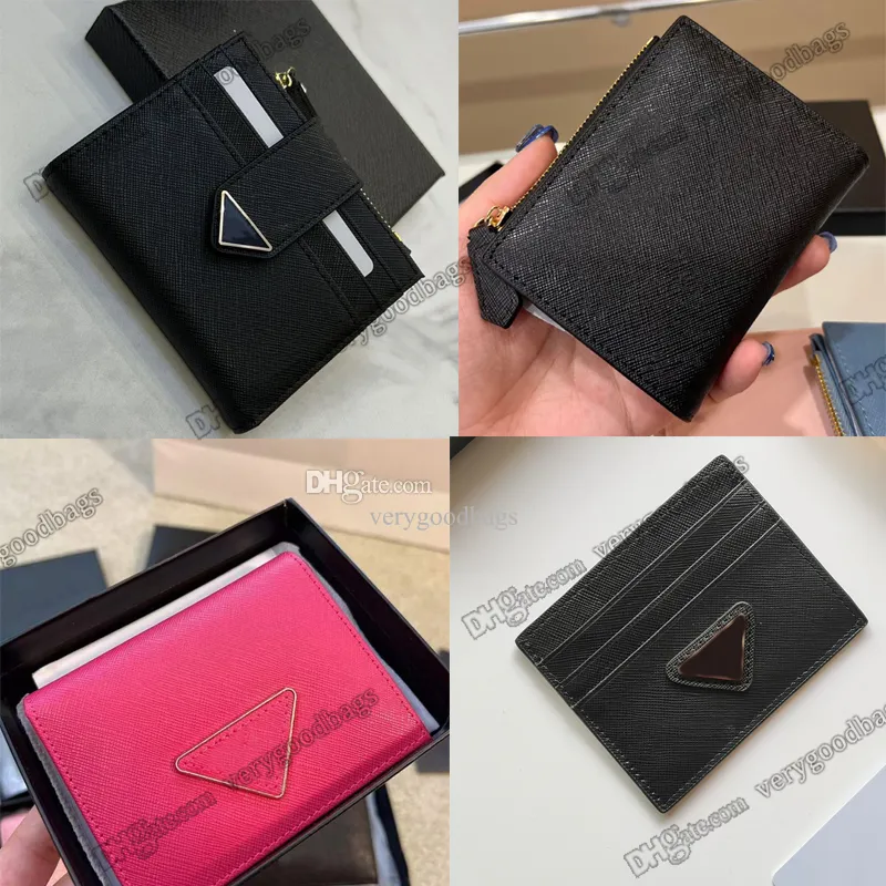 Designer Small Saffiano Leather Triangle Logo Wallet Bill Compartment Document Pocket Credit Card Slots Enameled Luxury Purse Metal Lettering Hardware