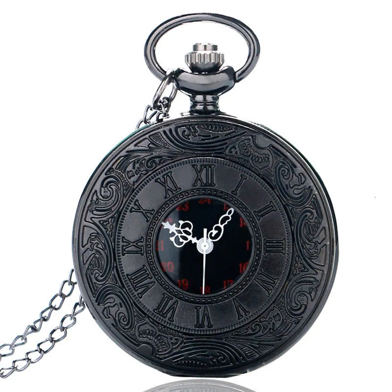 Pocket Watches Vintage Charm Black Unisex Fashion Roman Number Quartz Steampunk Pocket Watch Women Man Necklace Pendant with Chain Gifts P427 230619