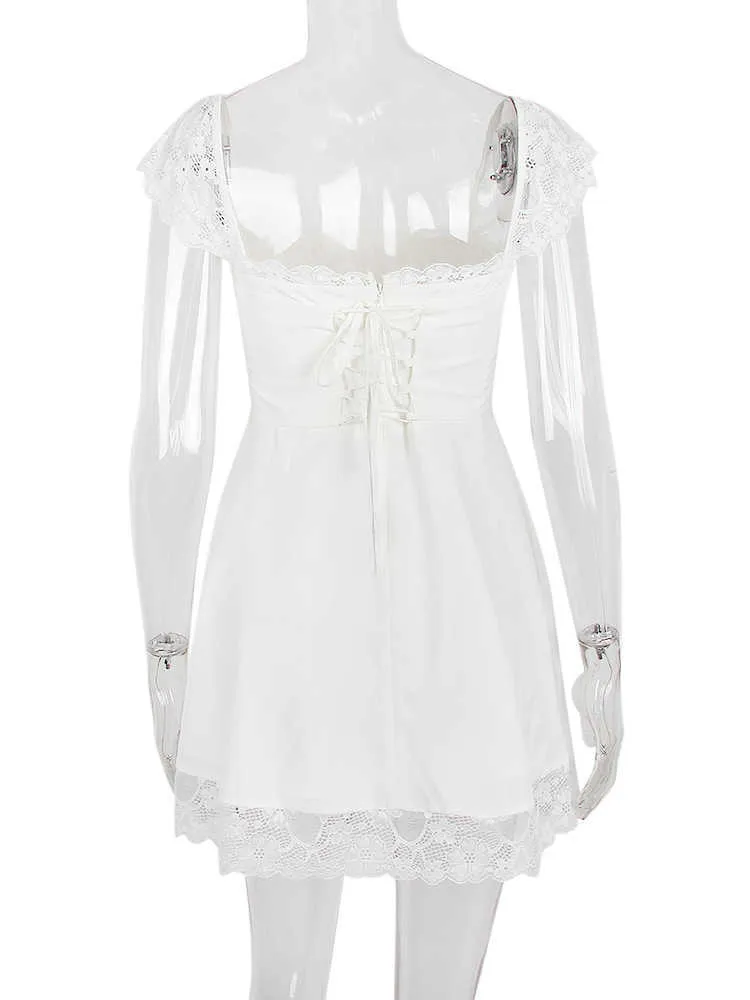 chinese dress ladies Simplee Sexy V-Neck Lace Stitching White Dress 2021 Summer New Short-Sleeve Solid Women Dress Casual Fashion Boho A-Line Dress White / L main image 0