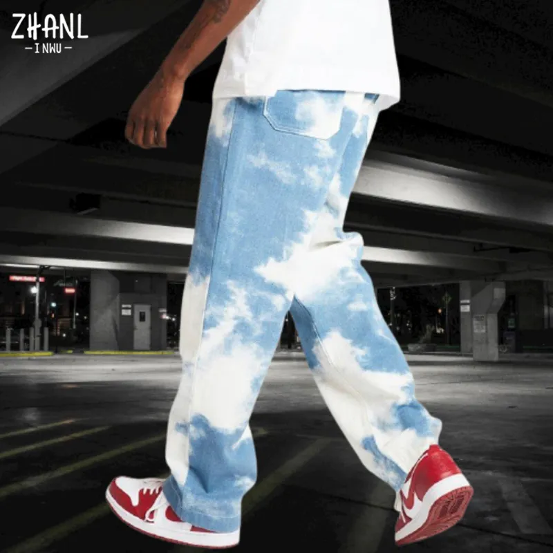 Jeans da uomo Drop Uomo Pantaloni casual in denim dritti larghi Stampa tie-dye Pantaloni lunghi blu cielo 230619