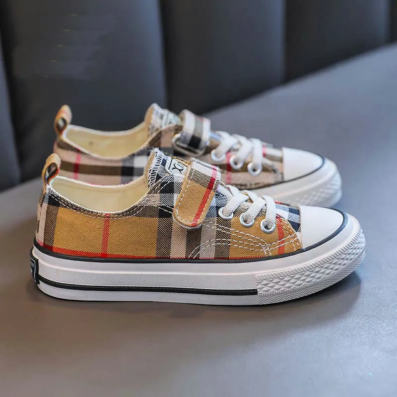 2023 Kids Canvas Shoes, Breathable Plaid Pattern Low Top Sneakers for Boys and Girls