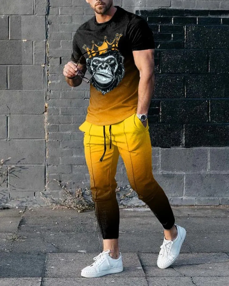 Spring Mens 3D Printed Short Sleeve Tracksuit Set Casual