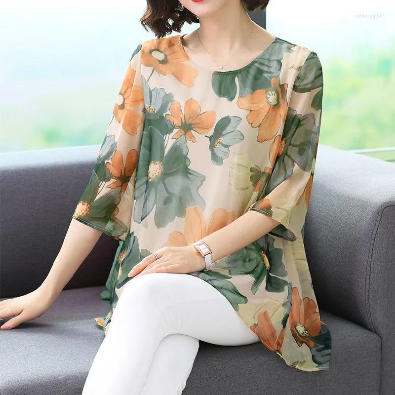 Kvinnors blusar Sommartryck Loose Asymmetrical Chiffon Shirts Topps Ladies Half Sleeve Thin Plus Size Blus Fashion Vintage Women Clothing