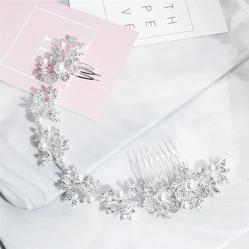 Hårklipp Shine Silver Color Rhinestone Long Comb Bridal Crown Pearls smycken för kvinnor mode bröllopstillbehör
