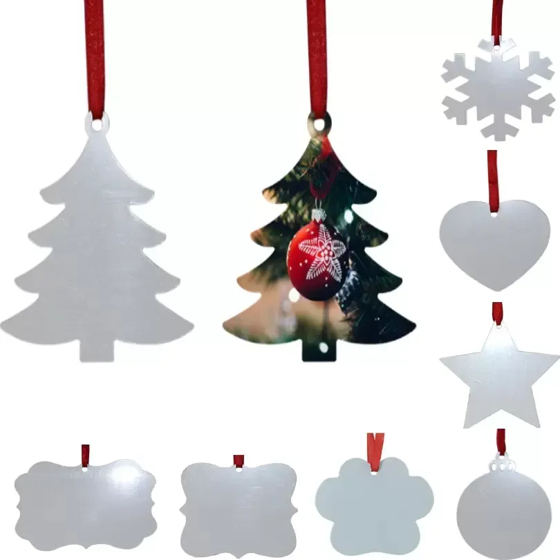 Sublimation Blanc Ornement De Noël Double Face Arbre De Noël Pendentif Multi Forme En Aluminium Plaque En Métal Suspendu Tag Vacances Décoration