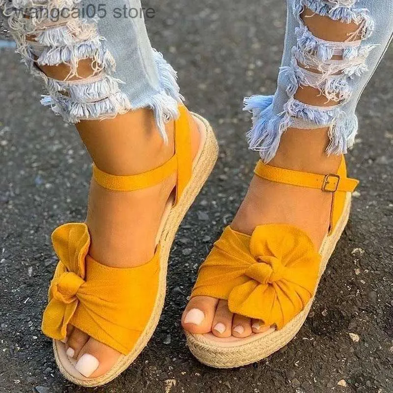 Sandalen BRKWLYZ 2021 Frauen Casual Sandalen Sommer Schuhe Hanf Wohnungen Plattform Damen Bowknot Schnalle Mode Frau Neue Peep Toe Weibliche t230619