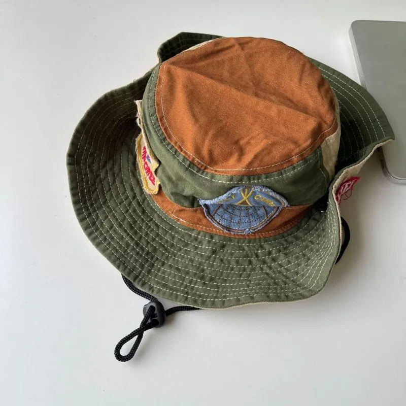 Berets Japanese Ancient Style Vintage Badge Fisherman Hat Parent-child Camping Drawstring Sunscreen Denim Jeans Bucket