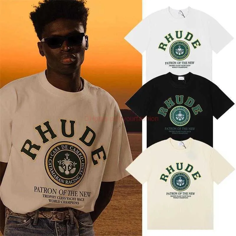 مصمم أزياء الملابس Tees Tshirt 23 Summer New Rhude Fashion Propositile Green Print Loose Mostral Fashion Short Sleeve Cotton Streetwear Tops Disual Spo