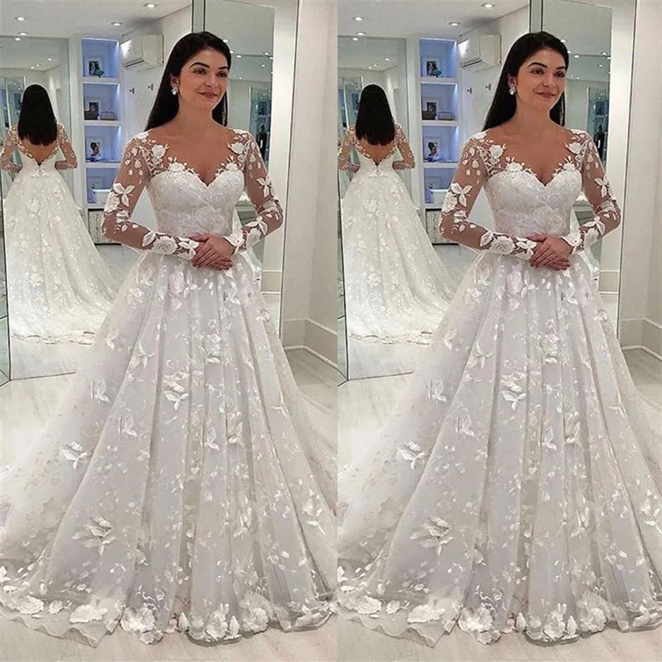 Manches longues robes de mariée pas cher femme robe col en V dentelle Applique une ligne mariée robe de bal taille 2 4 6 8 103040