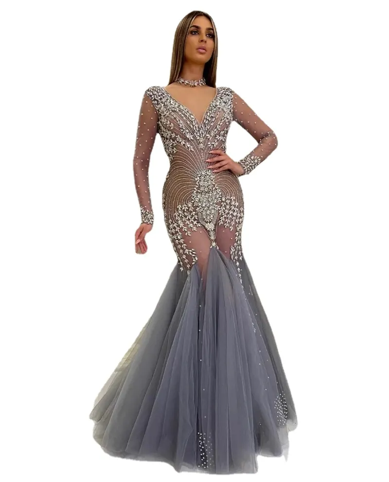 Se genom Crystal Evening Dresses Arabic Aso Ebi Sheer Long Sleeve Tulle Prom Gowns Luxurious Party Special Endan Dress