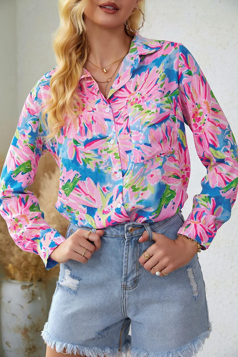 Partihandel Abstract Floral Print Button Up Polyester Long Sleeve Tops Shirts For Women