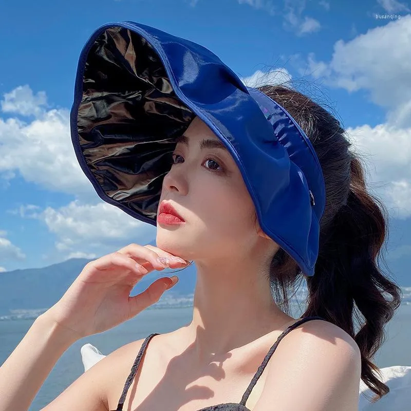 ワイドブリム帽子日焼け止め帽子女性夏uv保護黒い接着剤サンハットオープントップアウトドアシェルビッグイーブが顔を覆う