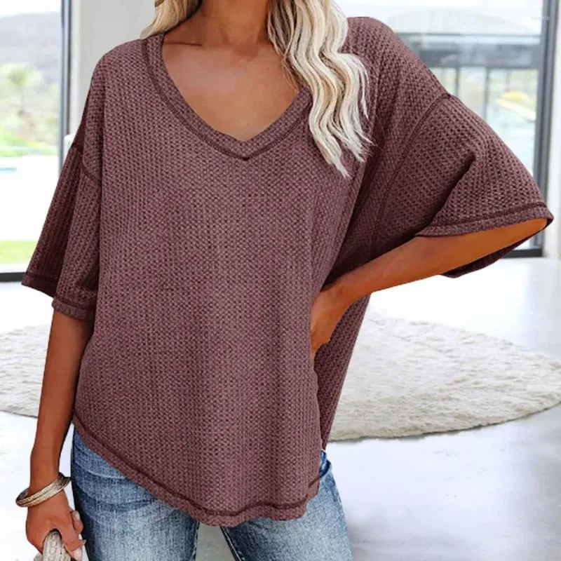 Kvinnors blusar Kvinnor Summer Top Solid Color V-ringad Lady T-shirt Loose Batwing Sleeve Sticked Anti-Pilling Pullover For Work