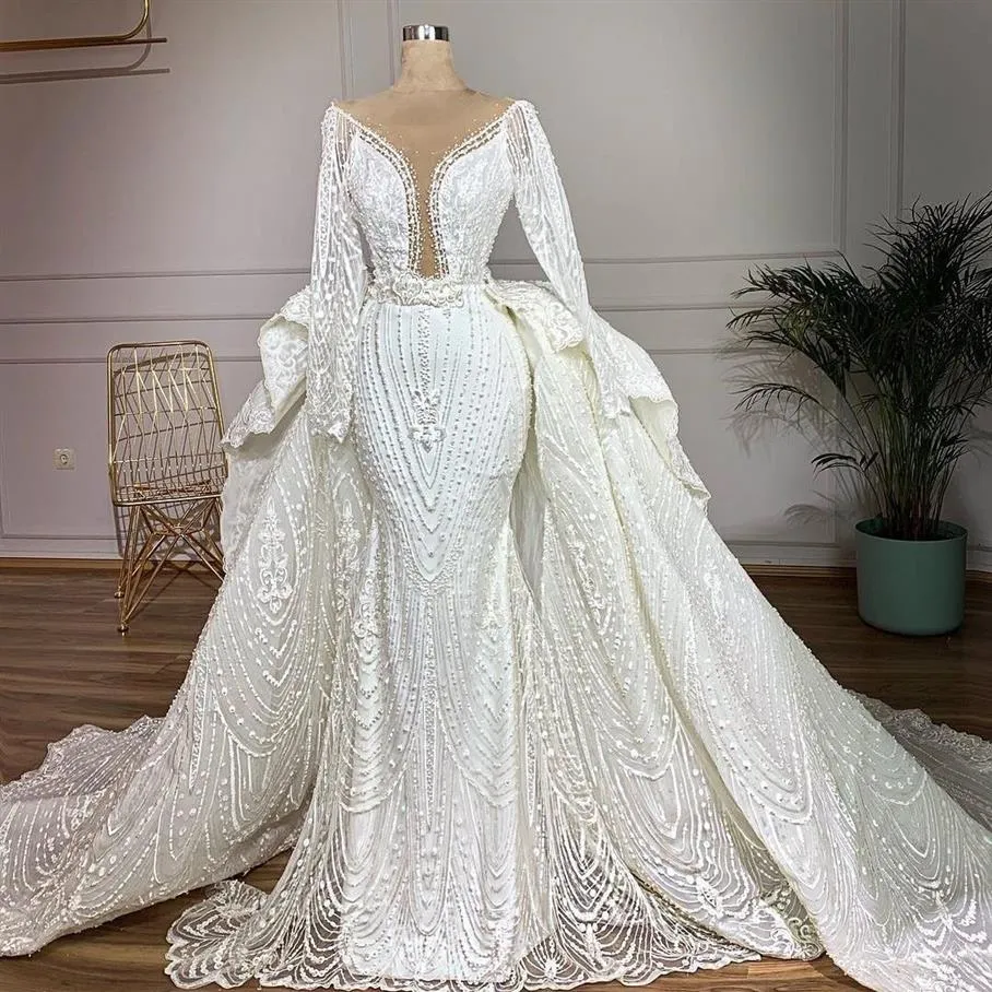 Luxury Mermaid Wedding Dresses With Löstagbart tåg långärmad spetsarapplikationer pärlor pärlor brudklänningar kapell robe de mariee252d