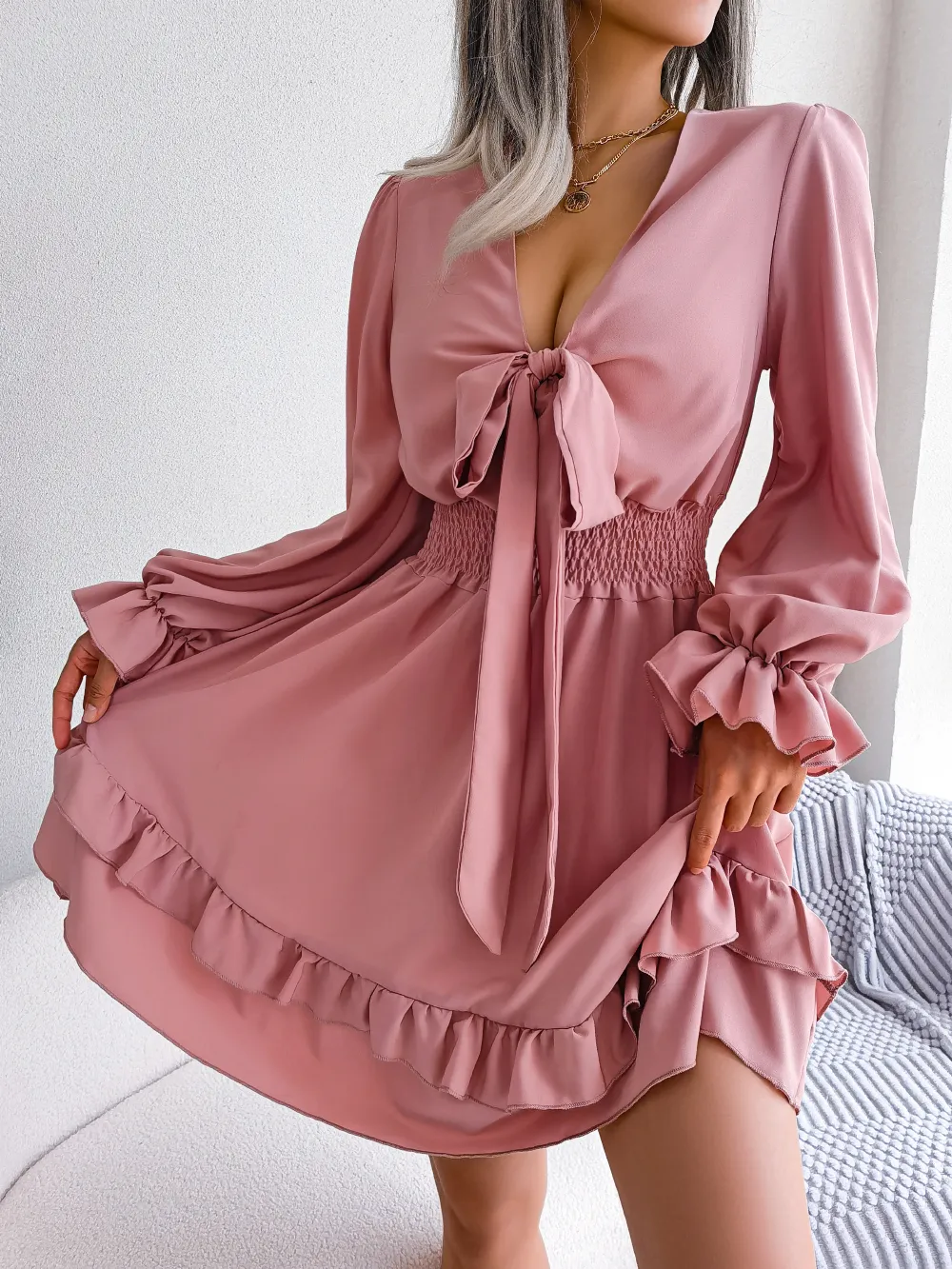 green emerald velvet dress Flare Long Sleeve Halter Neck Lace Up Slit Maxi Dress, Pink / Xs main image 1