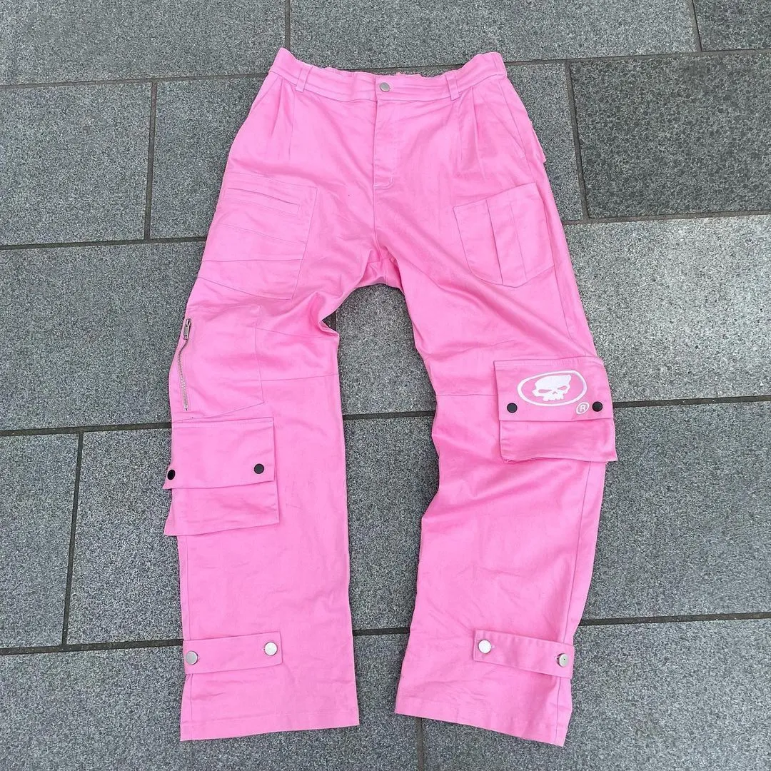 Herrbyxor retro America Style Skull Printing Cargo Pants Personlighet Muilt Tickets Wide Leg rakt rosa Soild Color Casual Trousers Ins 230619