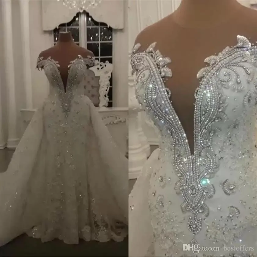 Luxurious Robe de Mariage Modern Lace Mermaid Wedding Dresses Shining Crystals Beads Appliques Sheer Neck Wedding Bridal Gowns255f