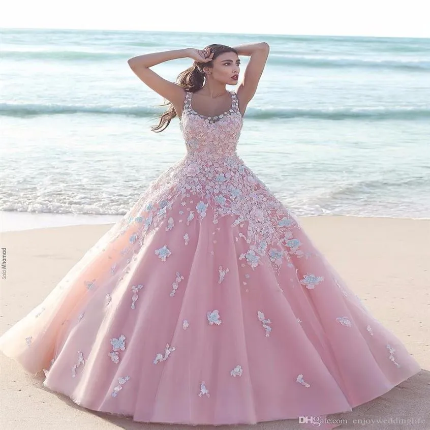 Dubai Arabische Prinzessin 3D-Blumenblume Rosa A-Linie Brautkleider 2020 Applikation Tüll U-Ausschnitt Sheer Neck Ärmellos Spitze Lang Brida278Q