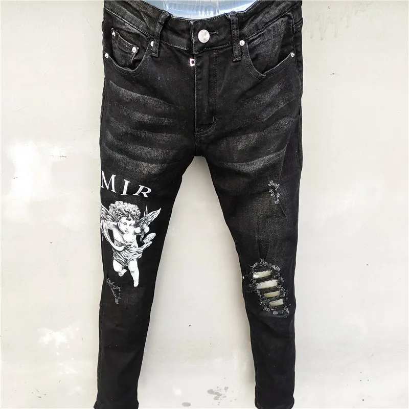 Men's Jeans Black Letter Angel Printing Slim Mens Skinny Streetwear Motorcycle Jean Pants Hip Hop Men Los Hombres 230619