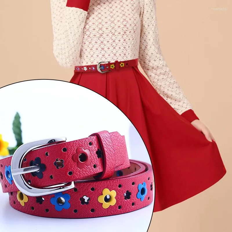 Kids Belt Colorful Flower Faux Leather Silver Buckle Hollow Flower Waistband