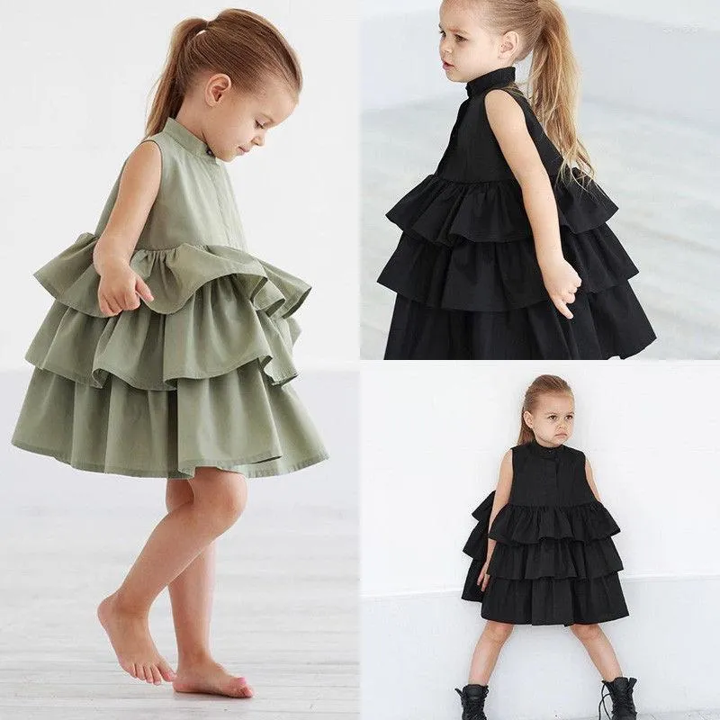 Girl Dresses Summer Cute Black Green Ball Gown Girls Kid Party Dress Sleeveless O Neck Cake Ruffled Tutu Bubble 2-6 Years