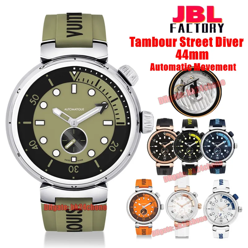 ساعات JBL Factory 44mm QBB202 Tambour Street Diver Mens Mens Watch Olive Green Dial Rubber Strap Wristwatches