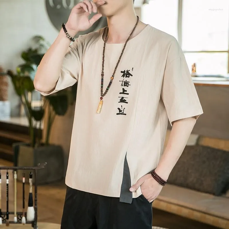 Abbigliamento etnico Taglie forti 4XL 5XL Camicie da uomo in cotone e lino T-shirt girocollo T-shirt in stile cinese Maschile allentato Tang Casual